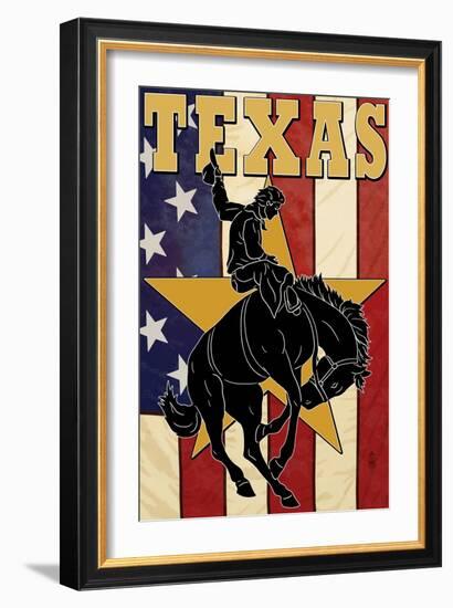 Texas - Cowboy with Bucking Bronco-Lantern Press-Framed Art Print