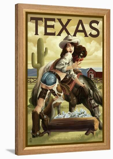 Texas - Cowgirl Pinup-Lantern Press-Framed Stretched Canvas