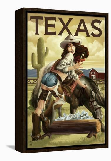 Texas - Cowgirl Pinup-Lantern Press-Framed Stretched Canvas