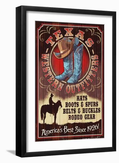 Texas - Hat and Boot Shop Vintage Sign-Lantern Press-Framed Art Print