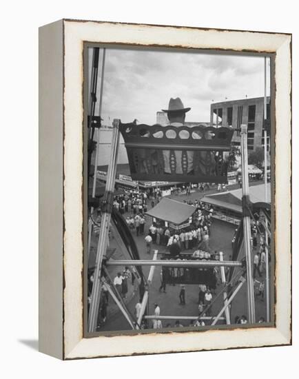 Texas Rancher with Kids, Perched 92-Ft. High on Ferris Wheel, Carnival Midway at County Fair-John Dominis-Framed Premier Image Canvas