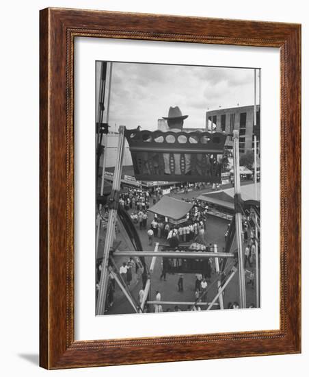 Texas Rancher with Kids, Perched 92-Ft. High on Ferris Wheel, Carnival Midway at County Fair-John Dominis-Framed Photographic Print