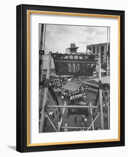 Texas Rancher with Kids, Perched 92-Ft. High on Ferris Wheel, Carnival Midway at County Fair-John Dominis-Framed Photographic Print