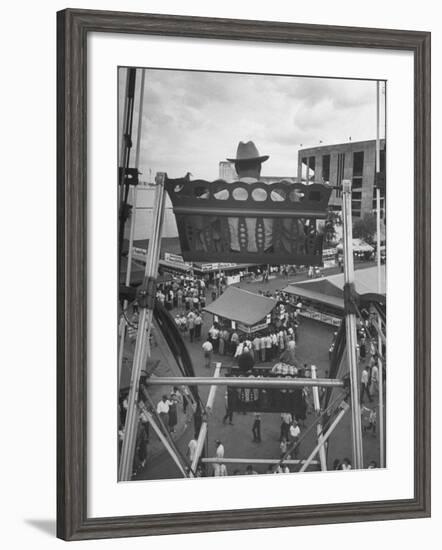 Texas Rancher with Kids, Perched 92-Ft. High on Ferris Wheel, Carnival Midway at County Fair-John Dominis-Framed Photographic Print