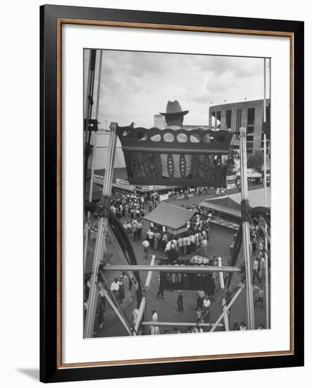 Texas Rancher with Kids, Perched 92-Ft. High on Ferris Wheel, Carnival Midway at County Fair-John Dominis-Framed Photographic Print