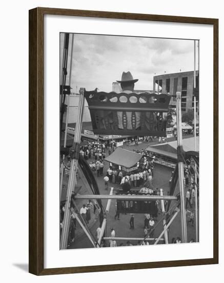 Texas Rancher with Kids, Perched 92-Ft. High on Ferris Wheel, Carnival Midway at County Fair-John Dominis-Framed Photographic Print