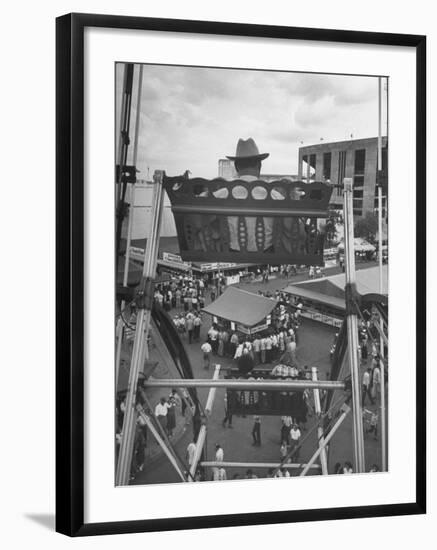 Texas Rancher with Kids, Perched 92-Ft. High on Ferris Wheel, Carnival Midway at County Fair-John Dominis-Framed Photographic Print