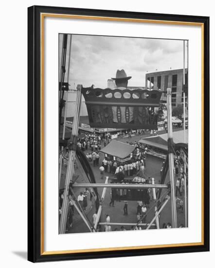 Texas Rancher with Kids, Perched 92-Ft. High on Ferris Wheel, Carnival Midway at County Fair-John Dominis-Framed Photographic Print