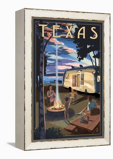 Texas - Retro Camper and Lake-Lantern Press-Framed Stretched Canvas