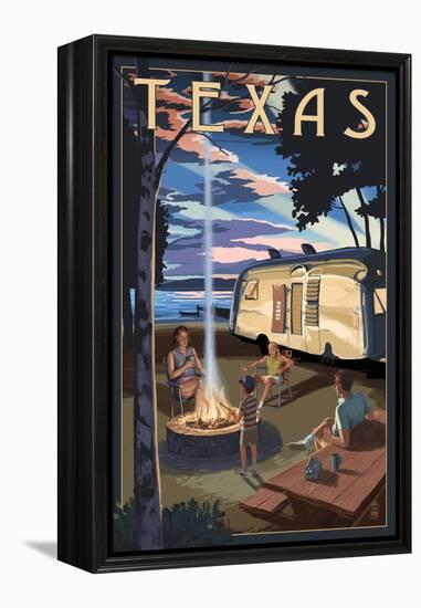 Texas - Retro Camper and Lake-Lantern Press-Framed Stretched Canvas