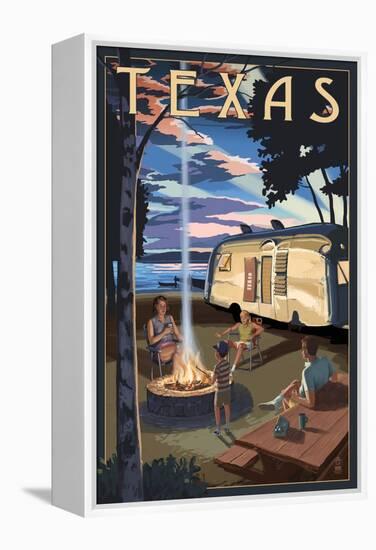 Texas - Retro Camper and Lake-Lantern Press-Framed Stretched Canvas