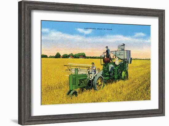 Texas - View of Farmers Harvesting Grain on a John Deere Tractor, c.1940-Lantern Press-Framed Art Print