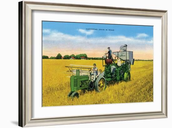 Texas - View of Farmers Harvesting Grain on a John Deere Tractor, c.1940-Lantern Press-Framed Art Print