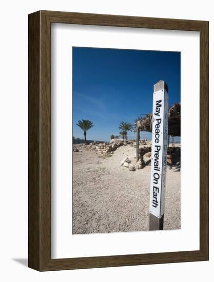 Text on a pole in a park, Megiddo National Park, Megiddo, North Coast, Israel-null-Framed Photographic Print