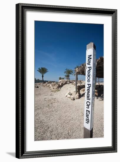Text on a pole in a park, Megiddo National Park, Megiddo, North Coast, Israel-null-Framed Photographic Print