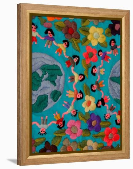 Textile with Children Holding Hands, Lake Atitlan, Western Highlands, Guatemala-Cindy Miller Hopkins-Framed Premier Image Canvas
