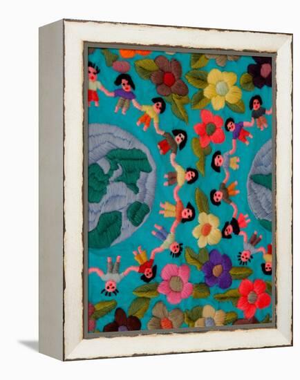 Textile with Children Holding Hands, Lake Atitlan, Western Highlands, Guatemala-Cindy Miller Hopkins-Framed Premier Image Canvas