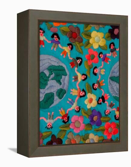 Textile with Children Holding Hands, Lake Atitlan, Western Highlands, Guatemala-Cindy Miller Hopkins-Framed Premier Image Canvas