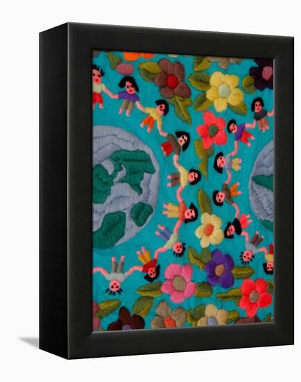 Textile with Children Holding Hands, Lake Atitlan, Western Highlands, Guatemala-Cindy Miller Hopkins-Framed Premier Image Canvas