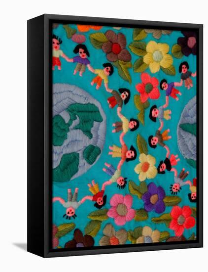 Textile with Children Holding Hands, Lake Atitlan, Western Highlands, Guatemala-Cindy Miller Hopkins-Framed Premier Image Canvas