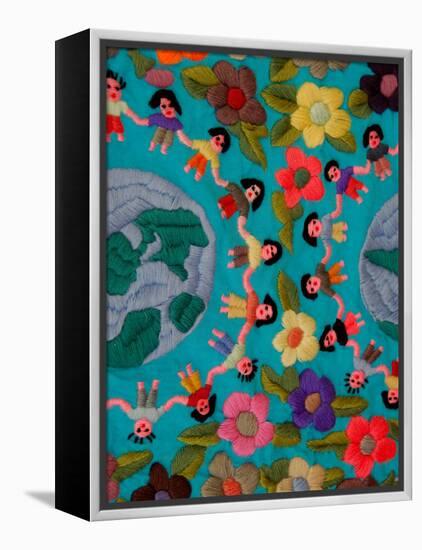 Textile with Children Holding Hands, Lake Atitlan, Western Highlands, Guatemala-Cindy Miller Hopkins-Framed Premier Image Canvas