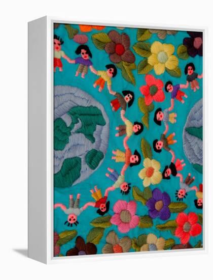 Textile with Children Holding Hands, Lake Atitlan, Western Highlands, Guatemala-Cindy Miller Hopkins-Framed Premier Image Canvas