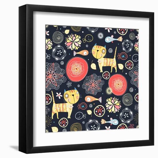 Texture of Funny Cats and Fish-Tanor-Framed Art Print