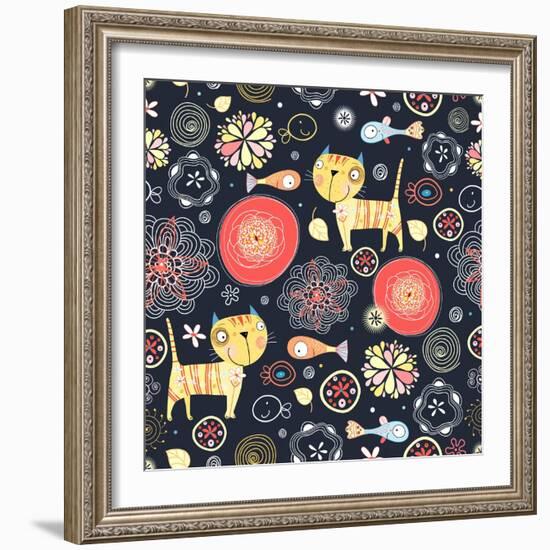 Texture of Funny Cats and Fish-Tanor-Framed Art Print