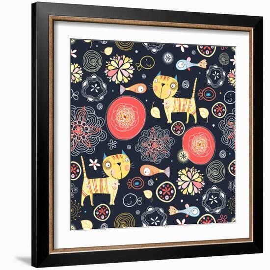 Texture of Funny Cats and Fish-Tanor-Framed Art Print
