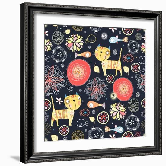 Texture of Funny Cats and Fish-Tanor-Framed Art Print