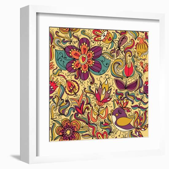 Texture with Flowers and Birds-Little_cuckoo-Framed Art Print