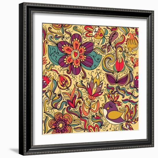 Texture with Flowers and Birds-Little_cuckoo-Framed Art Print