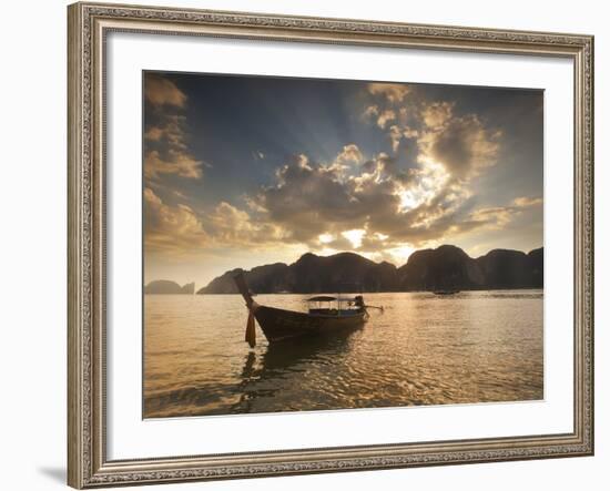 Thai Fishing Boats Off Phi Phi Island at Sunset-Alex Saberi-Framed Photographic Print