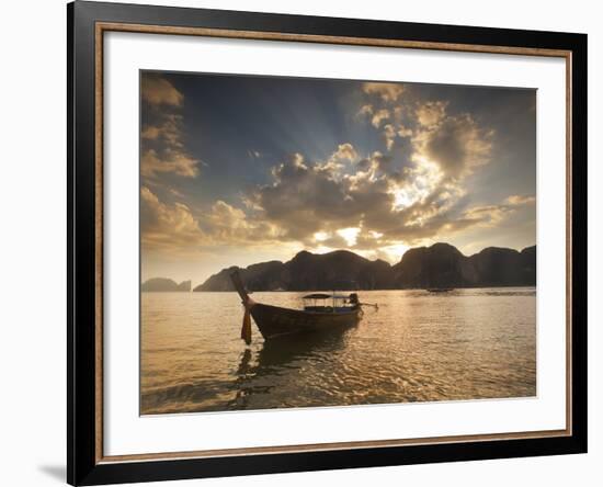 Thai Fishing Boats Off Phi Phi Island at Sunset-Alex Saberi-Framed Photographic Print