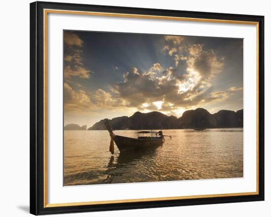 Thai Fishing Boats Off Phi Phi Island at Sunset-Alex Saberi-Framed Photographic Print