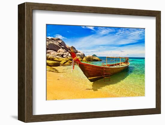 Thai Longtail Boat Anchored in a Turqouise Bay-vitalytitov-Framed Photographic Print