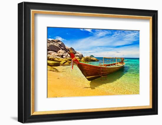 Thai Longtail Boat Anchored in a Turqouise Bay-vitalytitov-Framed Photographic Print