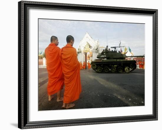 Thai Monks Watch as Soldiers Guard an Area Near Crucial Government Buildings Bangkok, Thailand-null-Framed Photographic Print