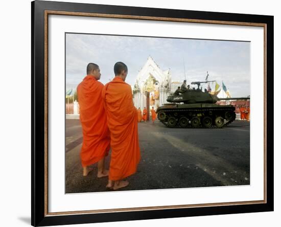 Thai Monks Watch as Soldiers Guard an Area Near Crucial Government Buildings Bangkok, Thailand-null-Framed Photographic Print