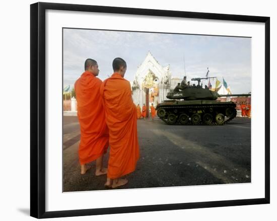 Thai Monks Watch as Soldiers Guard an Area Near Crucial Government Buildings Bangkok, Thailand-null-Framed Photographic Print