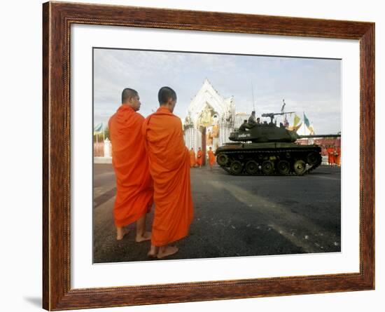 Thai Monks Watch as Soldiers Guard an Area Near Crucial Government Buildings Bangkok, Thailand-null-Framed Photographic Print