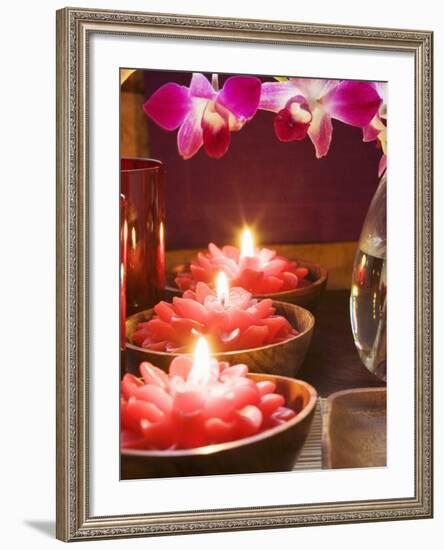 Thai Table Decoration: Red Flower Candles and Orchids-null-Framed Photographic Print