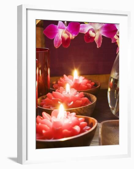 Thai Table Decoration: Red Flower Candles and Orchids-null-Framed Photographic Print