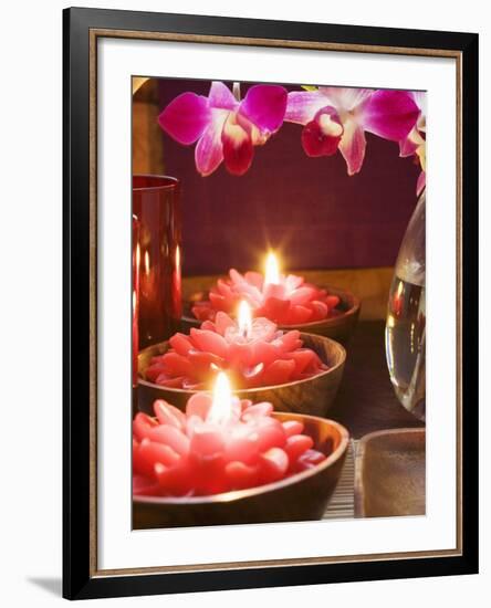 Thai Table Decoration: Red Flower Candles and Orchids-null-Framed Photographic Print