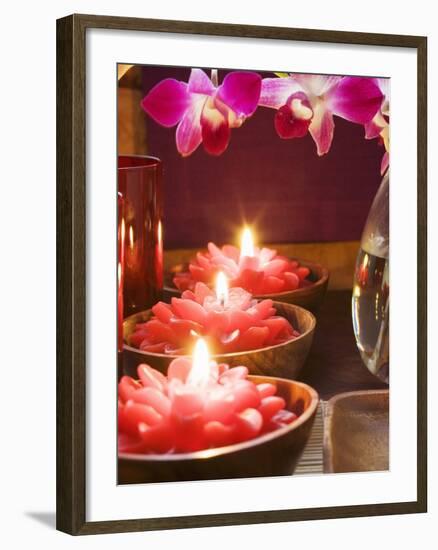 Thai Table Decoration: Red Flower Candles and Orchids-null-Framed Photographic Print