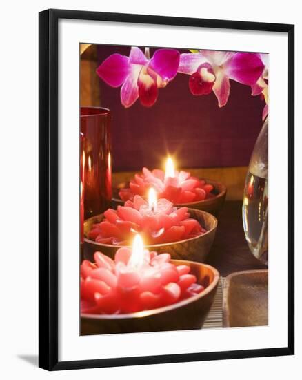 Thai Table Decoration: Red Flower Candles and Orchids-null-Framed Photographic Print