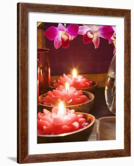 Thai Table Decoration: Red Flower Candles and Orchids-null-Framed Photographic Print