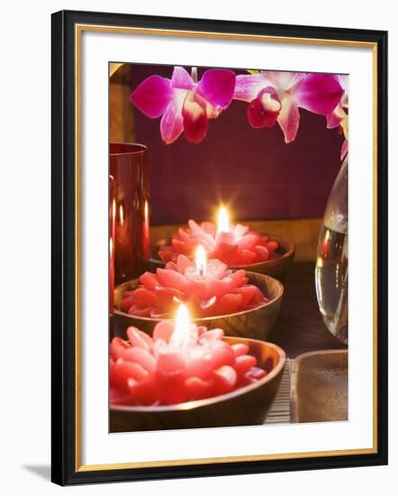 Thai Table Decoration: Red Flower Candles and Orchids-null-Framed Photographic Print