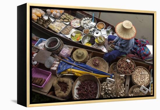 Thailand, Amphawa Floating Market. Woman prepares food.-Brenda Tharp-Framed Premier Image Canvas