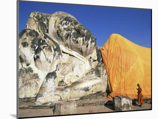 Thailand, Ayutthaya Historical Park, Wat Lokaya Sutha, Monk Preying at Giant Reclining Buddha-Steve Vidler-Mounted Photographic Print